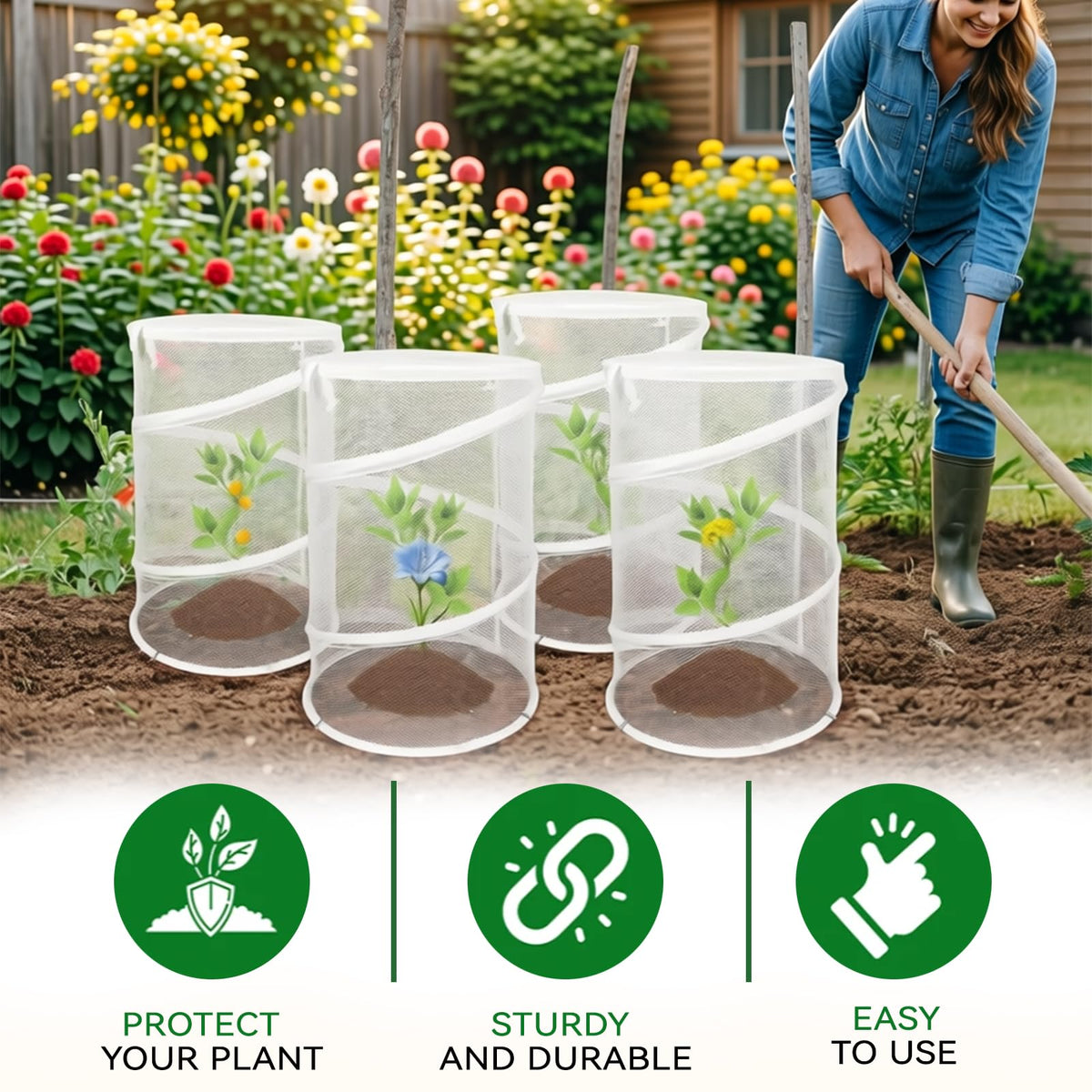 2-Pack Pop Up Plant Covers, Heavy Duty 18"x24" Mesh Plant Cover & Garden Cloche with Ground Stakes, Windproof Plant Protector Tent for Tomato & Strawberry (Protection from Birds & Animals)