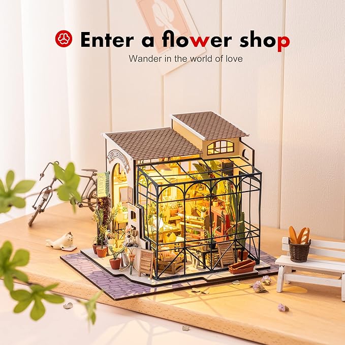 ROBOTIME DIY Dollhouse Kit Mini House with Furnitures Accessories 1:24 Scale Craft Kit - Emily's Flower Shop
