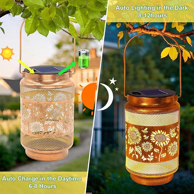 2 Pack Sunflower Solar Lanterns Outdoor Waterproof Solar Garden Decor, Birthday Gifts for Christmas Women Mom Grandma, Metal Hanging Lights with Shepherd Hook for Outside Yard Patio Pathway Backyard