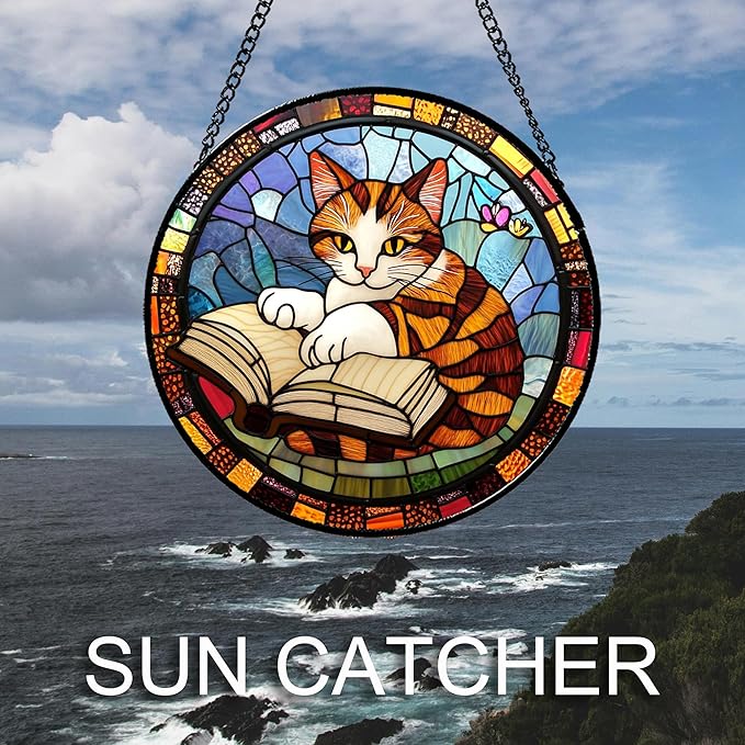 DASTOLL Stained Glass Window Hanging Little Cat Reading Large 15" - Suncatcher Door Garden Kitchen Sunroom Sun Catcher Home Decor Birthday for Lost Pets Mom Grandma Men Woman Friend