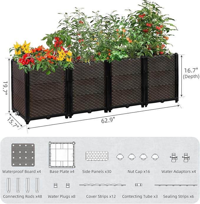 Large Raised Planter Box Outdoor Self Watering 62.9"x15.7"x19.7" , Deep Raised Garden Bed - Elevated Garden Box with Drainage Plug, Rectangular Garden Planter Perfect for Patio Balcony Deck