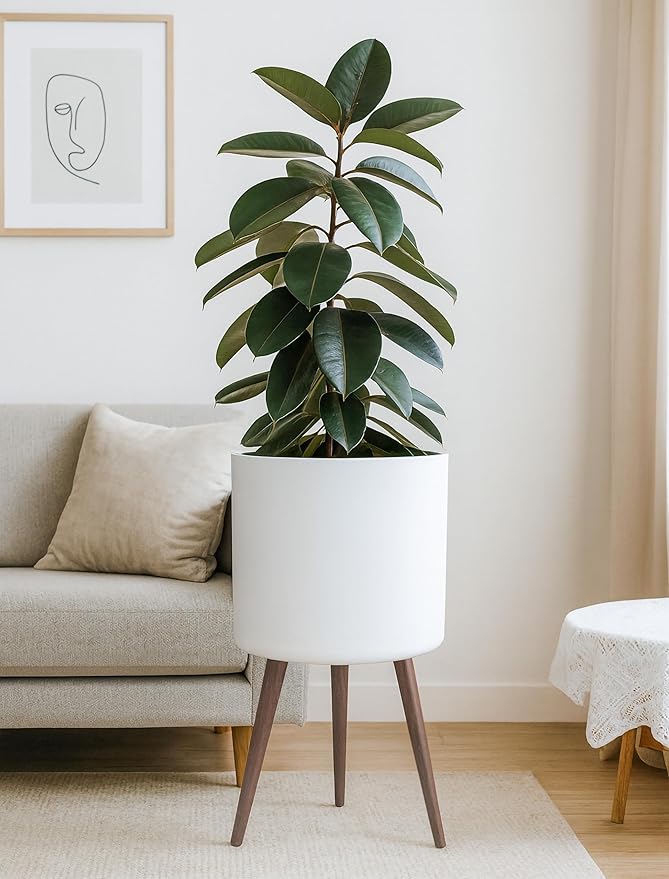 D'vine Dev 16 Inch Planter Pot with Stand, Mid-Century Tall Plant Pot with Legs for Indoor Plants, XX-Large, White, 88-O-E-1
