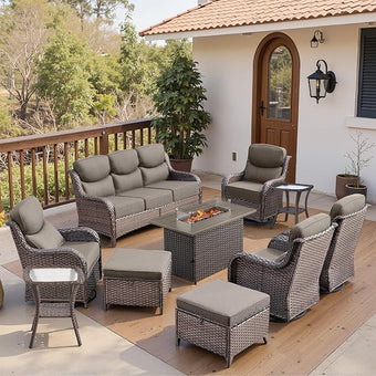 Belord Luxury 6" Thick Cushioned 10 Pieces Patio Furniture Set with Fire Pit Table, Wicker Outdoor Conversation Set with High Back Swivel Rocker Chairs for Deck Porch Yard and Poolside - Brown+Grey