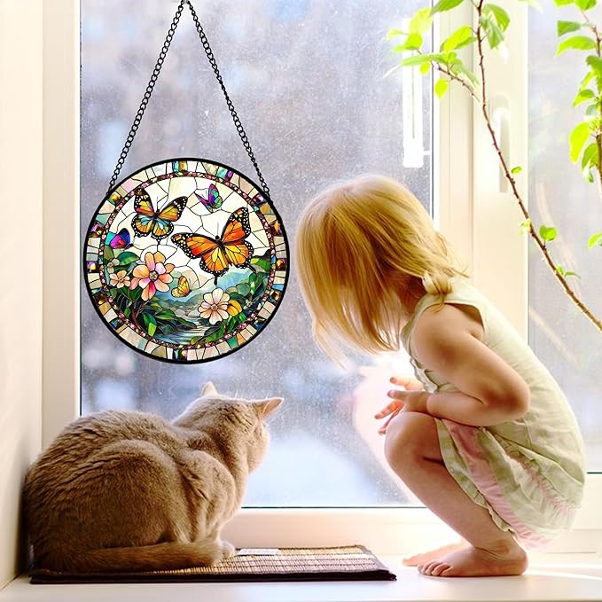 DASTOLL Stained Glass Window Hanging, Butterflies Flying in The Sky Suncatcher for Doors Home Sun Catchers Decoration and Christmas, Mother's Day Birthday Gifts for Women, Men, and Mom 9.8 in