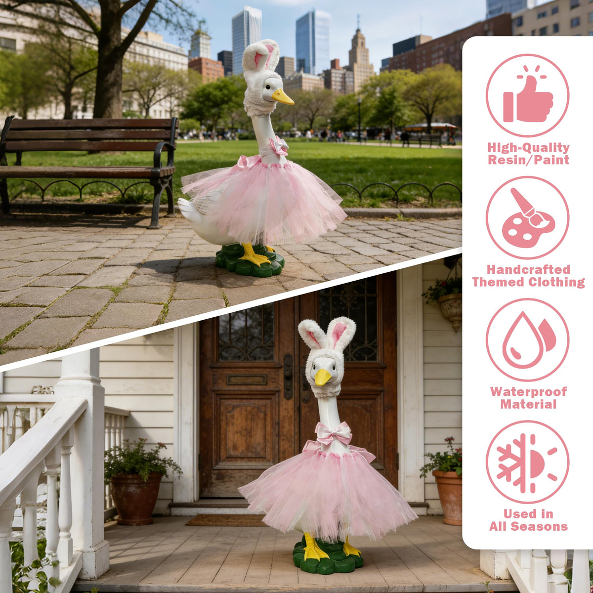 Large Porch Goose Statue with Pink Plush Rabbit Outfit, Garden Porch Decor