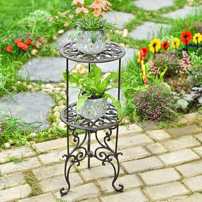 Sungmor Heavy Duty Cast Iron Potted Plant Stand,26-Inch 2 Tiers Metal Planter Rack,Decorative Flower Pot Holder,Vintage & Rustic Style Indoor Outdoor Garden Pots Container Supports