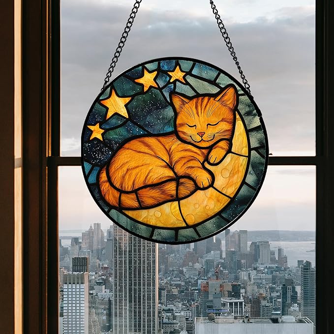 Stained Glass Window Hanging - Orange Cat Sun Catcher for Door Home Decor Stars and Moon Suncatcher Christmas Mother's Day Birthday Loss of a Pet Gifts for Women Men Mom Nana 11.8 in