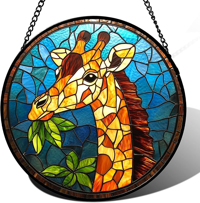 Stained Glass Window Hanging Orange Giraffe Blue Green Leaves 6.3" - Suncatcher Door Garden Sunroom Sun Catcher Home Decor Birthday Christmas for Mom Men Woman Nana