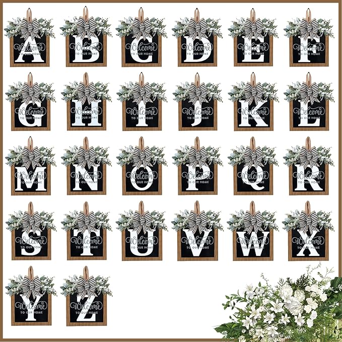 Ultra Large 14'' Last Name All Year Round Front Door Wreath with 26 Initial Letter Welcome Sign All Seasons Eucalyptus Garland and Bow Wreaths for Front Door Porch Farmhouse Decoration (G)