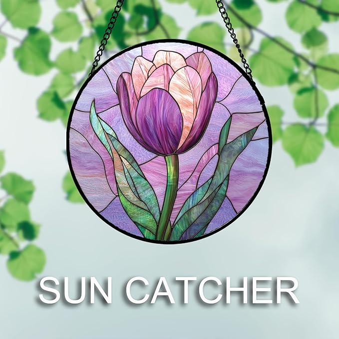 Stained Glass Window Hanging Purple Tulips Flower 9.8" - Suncatcher Door Garden Sun Catcher Home Decor Birthday Mother's Day for Mom Men Woman Parents Her Nana Friend