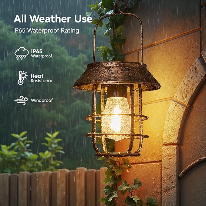 Solar Lanterns Outdoor Waterproof, High Brightness Hanging Solar Lights for Outside with Wall Hooks, Retro Metal Outdoor Lanterns Auto On/Off for Porch, Patio, Yard Decor 2 Pack