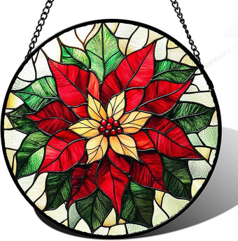 AMDERVEN Stained Glass Window Hanging - Red Poinsettia Birth Flower Sun Catcher for Door Garden Home Decor Suncatcher Christmas Mother's Day Birthday Gifts for Women Men Mom Girl Nana Friend 15 in