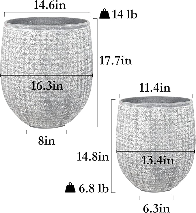 Worth Garden Large Round Planters Set of 2 (14.5"x17.5" & 12" x15“) - Lightweight Magnesium Oxide Cement Plant Pot with Texture - Grey Concrete Look with Drainage Hole – Indoor & Outdoor Use