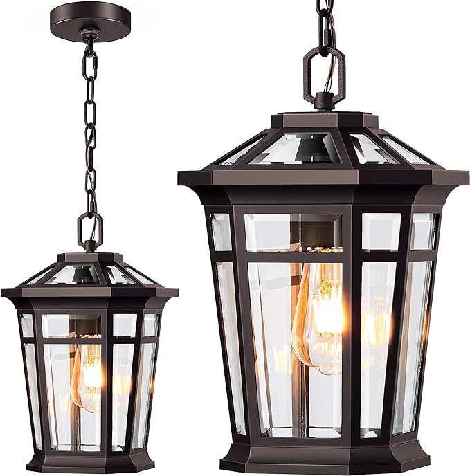 VIANIS Large Outdoor Pendant Light, Oil Rubbed Bronze Outside Hanging Lights, Hanging Porch Light Fixture with Adjustable Chain, 100% Aluminum Waterproof Anti-Rust Ceiling Lighting for House, Doorway