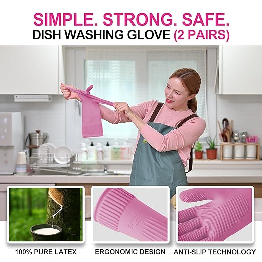 Mamison 2 Pairs Reusable Waterproof Household Dishwashing Cleaning Rubber Gloves, Non-Slip Kitchen Glove (Pink, Small (Pack of 2))