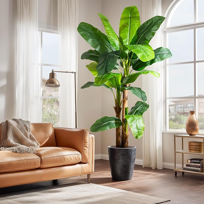 Artificial Banana Tree 7.2ft, Faux Tropical Palm Tree Plant with Realistic Leaves, Low Maintenance Indoor Outdoor Decor for Home Office Porch, in Nursery Pot