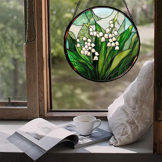 JOSUMALY Stained Glass Window Hanging - White Green Lily of The Valley Suncatcher for Doors Garden Terrace Plant Sun Catchers Decor Mother's Day Birthday Flowers Gifts for Women Men Mom 7.8 in