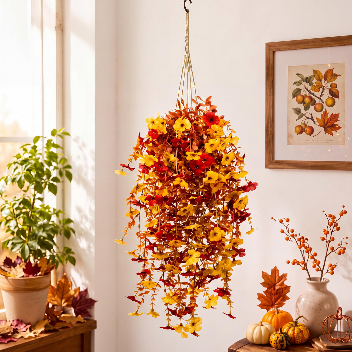 FineCheer 6 Pcs Fall Artificial Hanging Flowers Outdoor, Maroon, Yellow
