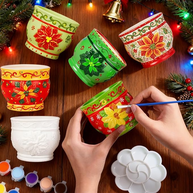 Pasimy 6 Set Ceramics to Paint DIY Ceramic Succulent Planter Pots Paint Your Own Flower Pots Craft Kit Unpainted Bisque Flowerpot with Brush Palette for Family Activity Holiday Gifts(Holly Leaf)