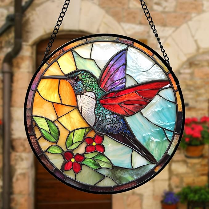 Stained Glass Window Hanging, Hummingbird Gifts Sun Catchers Diamond Glass Panel Hangings Birds Suncatcher Decor for Birthday for Women, Men, Wife, Aunt, and Mom 6.3 in