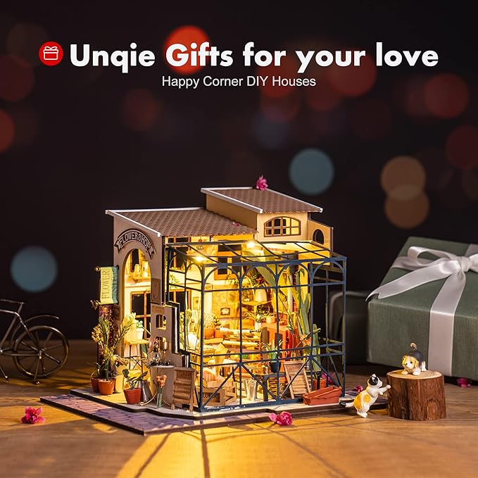 ROBOTIME DIY Dollhouse Kit Mini House with Furnitures Accessories 1:24 Scale Craft Kit - Emily's Flower Shop