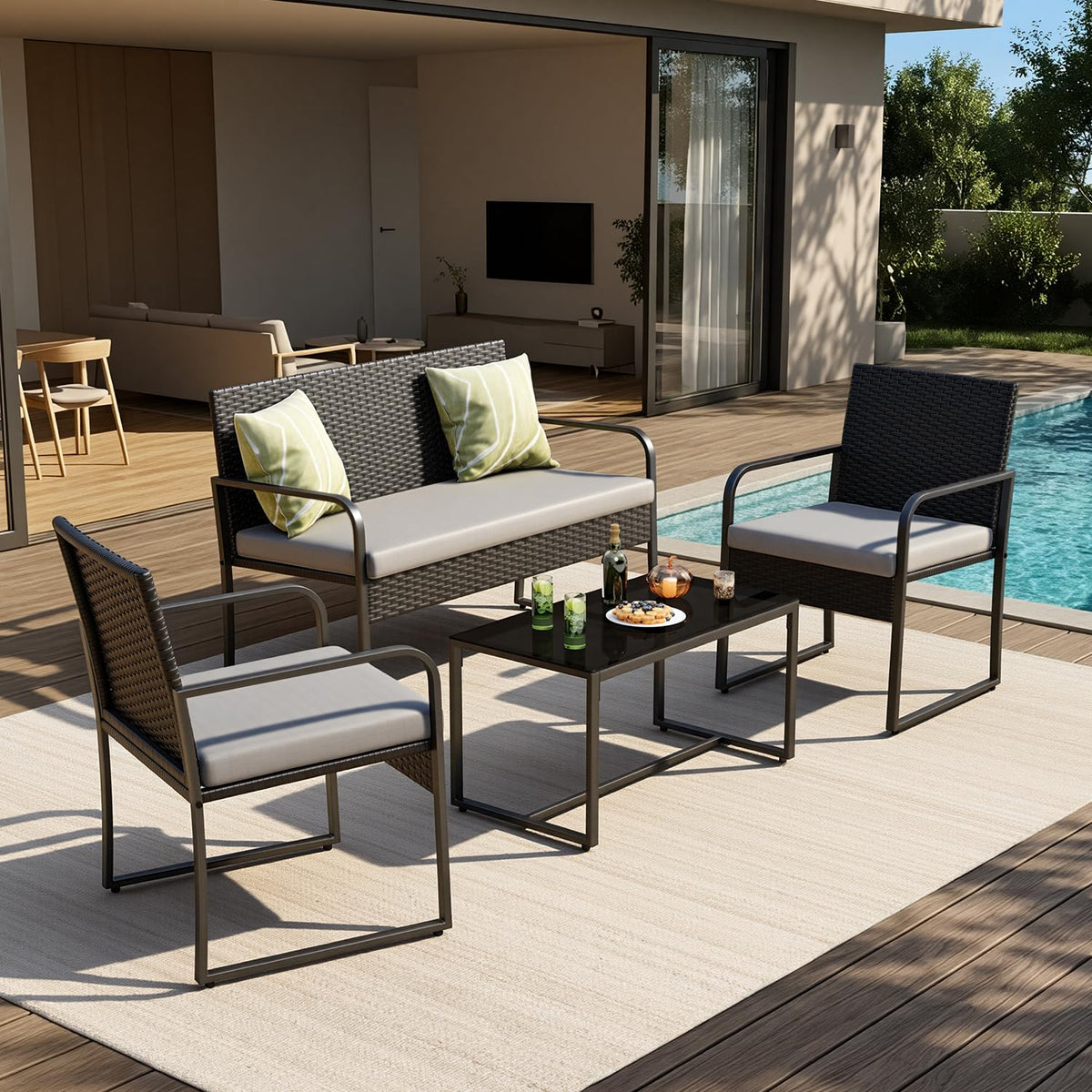 Gizoon 4 Piece Patio Furniture Set, Cushion-Grey
