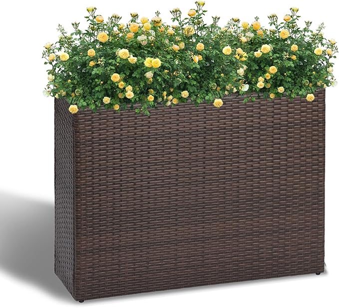 LEWIS&WAYNE Large Rectangular Block Planter Box Handmade Wicker Tall Planters for Outdoor Plants with Removable Liners Modern Planter for Indoor Outdoor Patio Deck - Brown, 38''x11''x30''