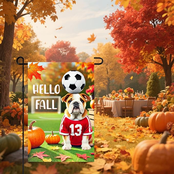 Hello Fall Garden Flag Bulldog Soccer Ball Pumpkins Autumn Leaves Outdoor Decor Flag 12x18 Inch Double Sided Garden Flag For Front Porch Lawn Patio Seasonal Home Decoration For Outside
