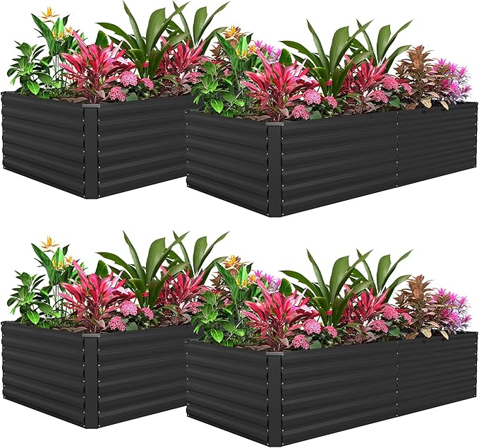 FOOWIN 4pcs 8x4x2ft Galvanized Raised Garden Bed, Planter Raised Garden Boxes Outdoor, Large Metal Raised Beds for Gardening, Garden Bed for Vegetables, Flowers, Herb,478 Gallon Capacity, Black