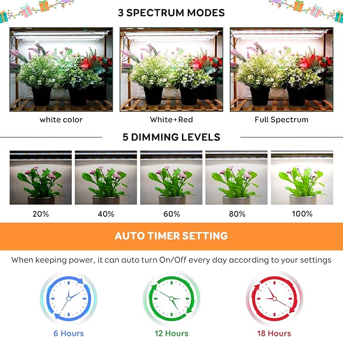 4 Bars Grow Light Strips for Indoor Plants with Auto ON/Off Timer 6/12/18H, 5 Dimmable Levels for Shelves Plant Growing(Pack 1)