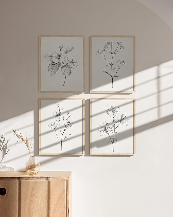 HAUS AND HUES Grey Floral Wall Art - Set of 4 Plant Posters for Wall Vintage, Botanical Prints, Black and White Flower Pictures for Room Aesthetic, Farmhouse Bathroom, Rustic Art (Beige Frame, 16x20)