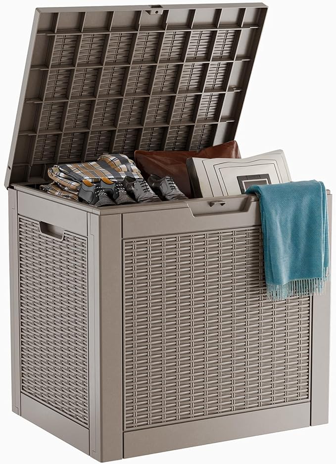 30 Gallon Resin Deck Box, Lockable Patio Outdoor Storage Box for Furniture, Garden Tools and Tools Storage, Waterproof Outside Storage Boxes - Grey