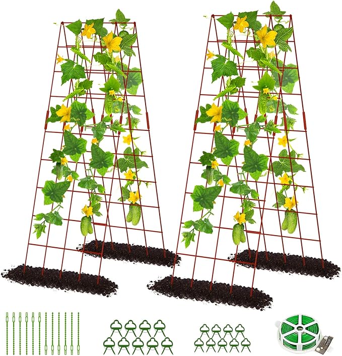 DoCred Cucumber Trellis, 59" High 2 Pack Foldable A Frame Trellis for Raised Bed Climbing Plants, Vegetables, Includes Plant Support Clips, Twist Ties, Plastic Ties- Made from PVC-Coated Steel