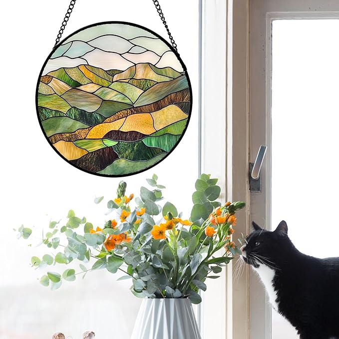 Stained Glass Window Hanging 4 Pcs Set Mountain River Landscape 9.8" - Suncatcher Door Garden Sun Catcher Decor Birthday Mother's Day for Mom Woman Nana Girl Boy Friend