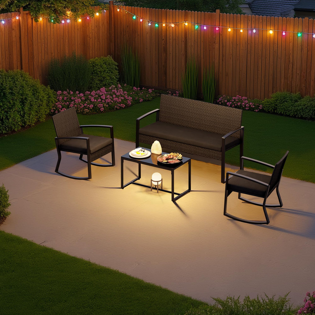Ahomly 4 Piece Outdoor Patio Furniture Set with Rocking Chairs, Black