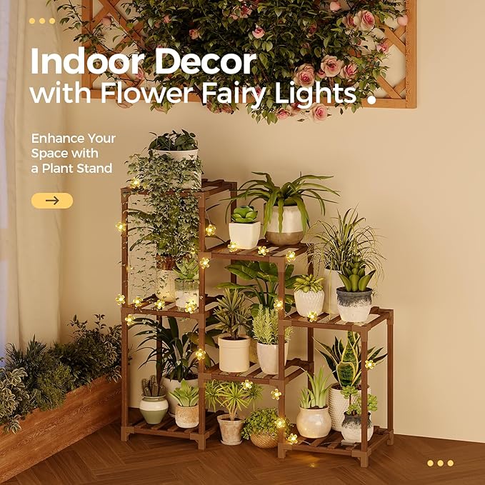 Bamworld Plant Stand Indoor with Flower Fairy Lights Battery Plant Shelf Wood Plant Rack for Multiple Plants 3 Tiers Ladder Plant Holder for 7 Pots for Living Room Home Decor for Gardening Gifts
