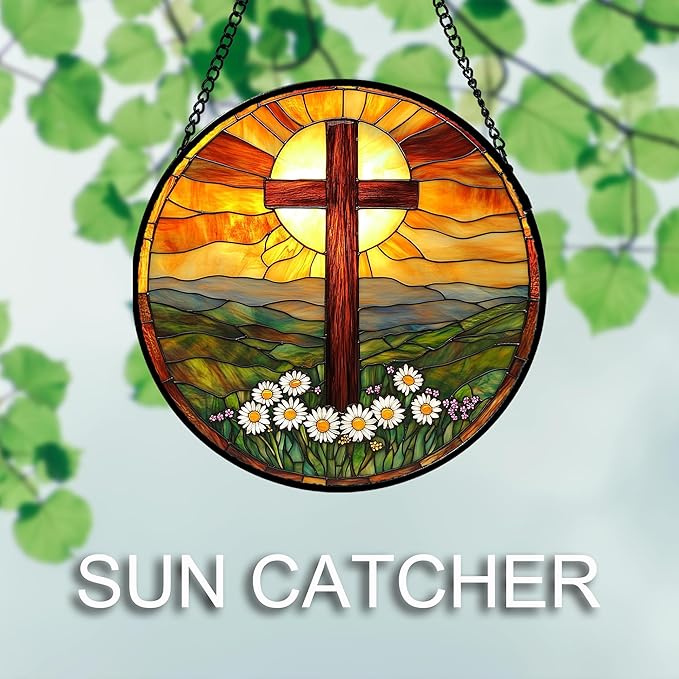 JOSUMALY Christian Gifts for Women - Cross Stained Glass Window Hanging Easter Daisy Natural Landscape Sun Catcher Garden Religion Decor Mother's Day Catholic Gift for Men Grandma Mom Her Nana 7.8"