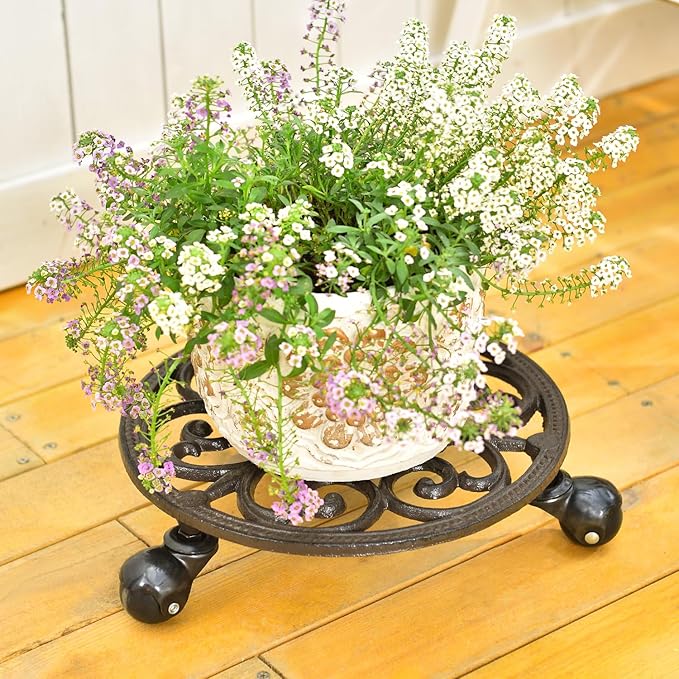 Sungmor Heavy Duty Cast Iron Plant Caddy,11" Round Potted Plant Stand Flower Pot Rack on 3 Solid Wheels,Indoor Outdoor Planter Holder Trolley Casters Rolling Tray