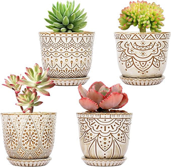 Gepege Succulent Pots, 4 Inch Small Indoor Ceramic Planter Pot with Drainage Holes and Saucers for Plants- Creamy White - Set of 4
