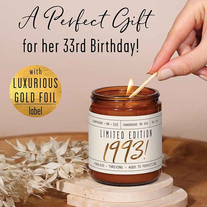 33rd Birthday Gifts for Women - 'Limited Edition 1993' Soy Candle, w/Champagne on Ice I 33 Birthday Gift for Her Ideas I 9oz Reusable Jar, 50Hr Burn, Made in USA