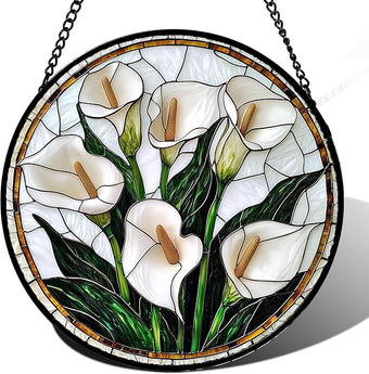 DASTOLL Stained Glass Window Hanging, White Calla Lily Flowers Sun Catchers Glass Panel Plant Suncatcher Decor for Birthday for Women, Men, Wife, Aunt, and Mom 14.9x14.9 in