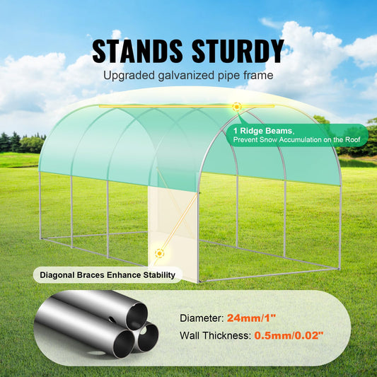Happybuy 14.6x6.4x6.3 ft Walk-in Tunnel Greenhouse, Hoop House Plant Hot House with Galvanized Steel Frame, Green PE Cover, Roll-up Zipper Door, 8 Windows for Outdoor Use