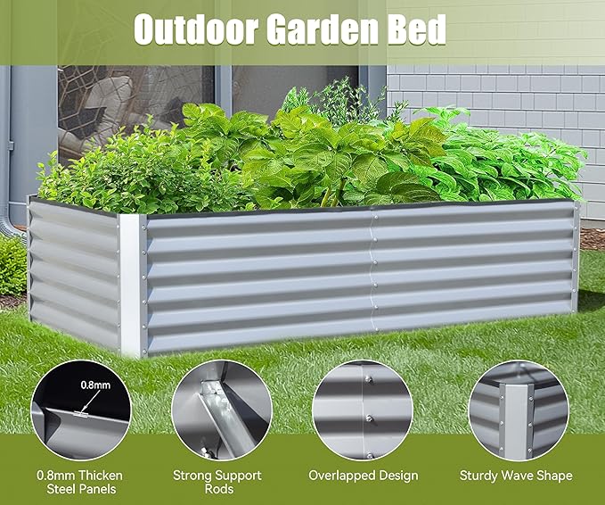 Domi Galvanized Raised Garden Bed, Outdoor Planter Garden Boxes Large Metal Planter Box for Gardening Vegetables Fruits Flowers, Silvery (6x3x1.5ft)