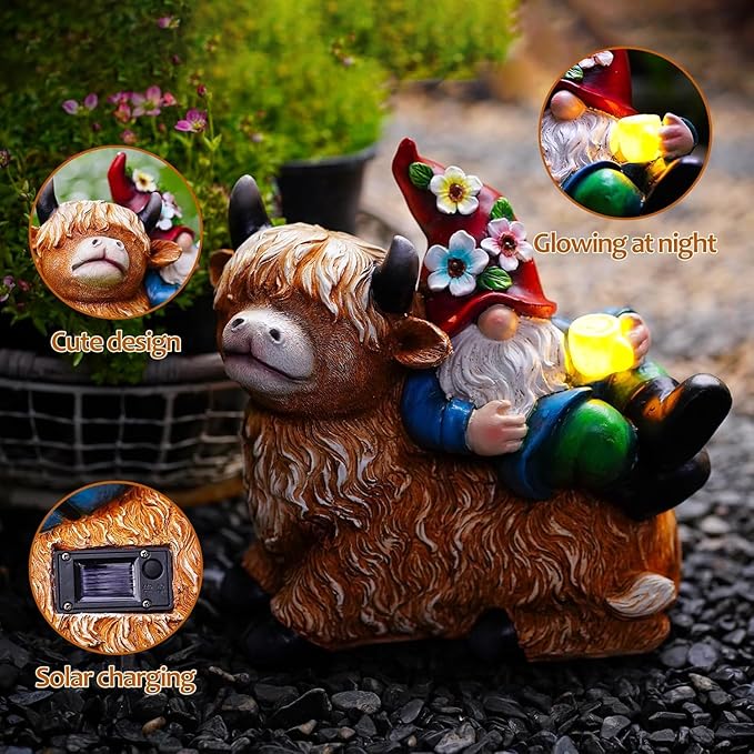 Garden Gnomes Decor Outdoor Statues Gnome on Highland Cow Hold Solar Cup Light Outdoor Decorations for Patio,Yard and Gift for Mom