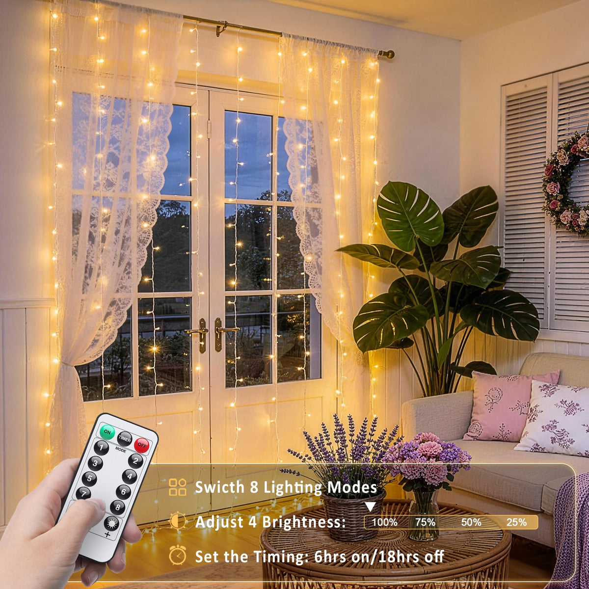 JMEXSUSS USB Plug in Curtain Lights 200 LED with 8 Modes, 6.5ftx6.5ft