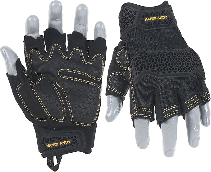 HANDLANDY Fingerless Work Gloves for Men, Padded Impact Tactical Mechanics Gloves, Grip Utility Trucker Driver Gloves (Black- impact, Large (Pack of 1))