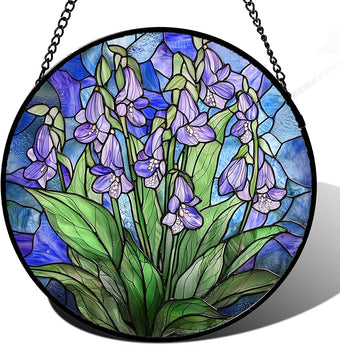 AMDERVEN Stained Glass Suncatcher, Blue Purple Flowers Green Leaves Sun Catcher Plants Stain Glass Window Hanging Decoration Mother's Day Birthday Gifts for Women Men Mom and Nana 7.8 in