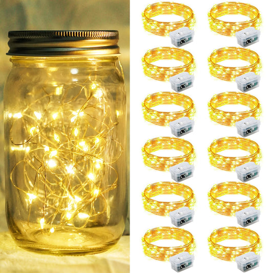 chzk 12 Pack Fairy Lights 7Ft 20 LED Twinkle String Lights 3 Modes Battery Operated Waterproof Firefly Starry for Mason Jar Wedding Birthday Party Table Centerpieces Bedroom Christmas,Warm White