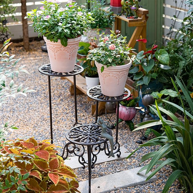 Sungmor Heavy Duty Cast Iron Plant stand, 3 Tier Foldable Metal Plant Shelf, 24in Tall Vintage Flower Pot Holder Indoor Outdoor Tiered Plant Stand, Rustic Plant Display Rack for Corner Balcony Patio