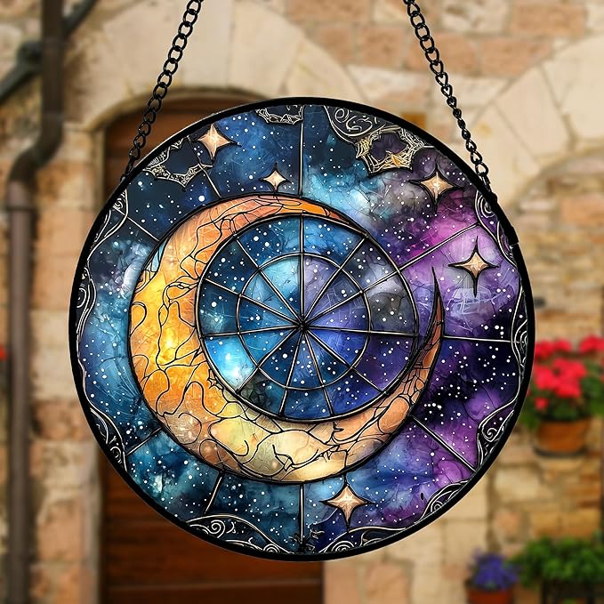 DASTOLL Stained Glass Window Hanging, Blue Starry Sky Moon Astrolabe Suncatcher for Doors Home Sun Catchers Decoration and Christmas, Mother's Day Birthday Gifts for Women, Men, and Mom 9.8 in